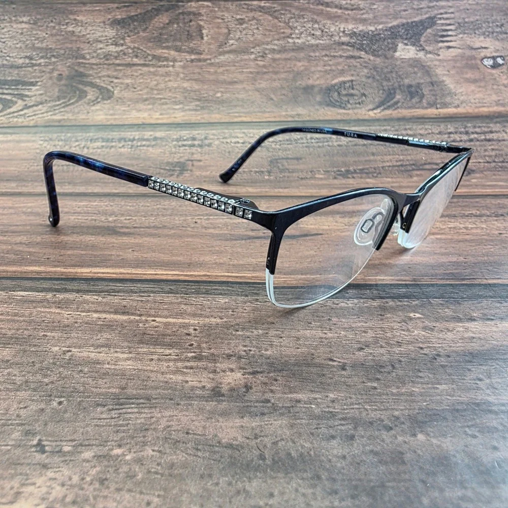 Tura TE247 Navy‎ Blue Semi Rimless Cat Eye Eyeglasses Crystal Temples 52-18-135